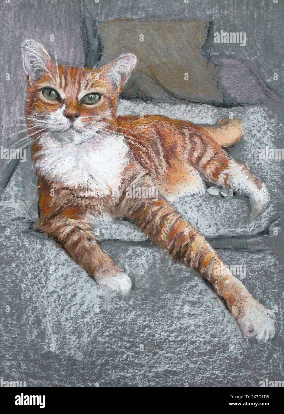 Gatto di zenzero bianco con occhi verdi giace sul divano, ritratto di un gatto che guarda dritto davanti - disegnare a mano un'immagine a olio pastello Foto Stock Gatto di zenzero bianco con occhi verdi giace sul divano, ritratto di un gatto che guarda dritto davanti - disegnare a mano un'immagine a olio pastello Foto Stock