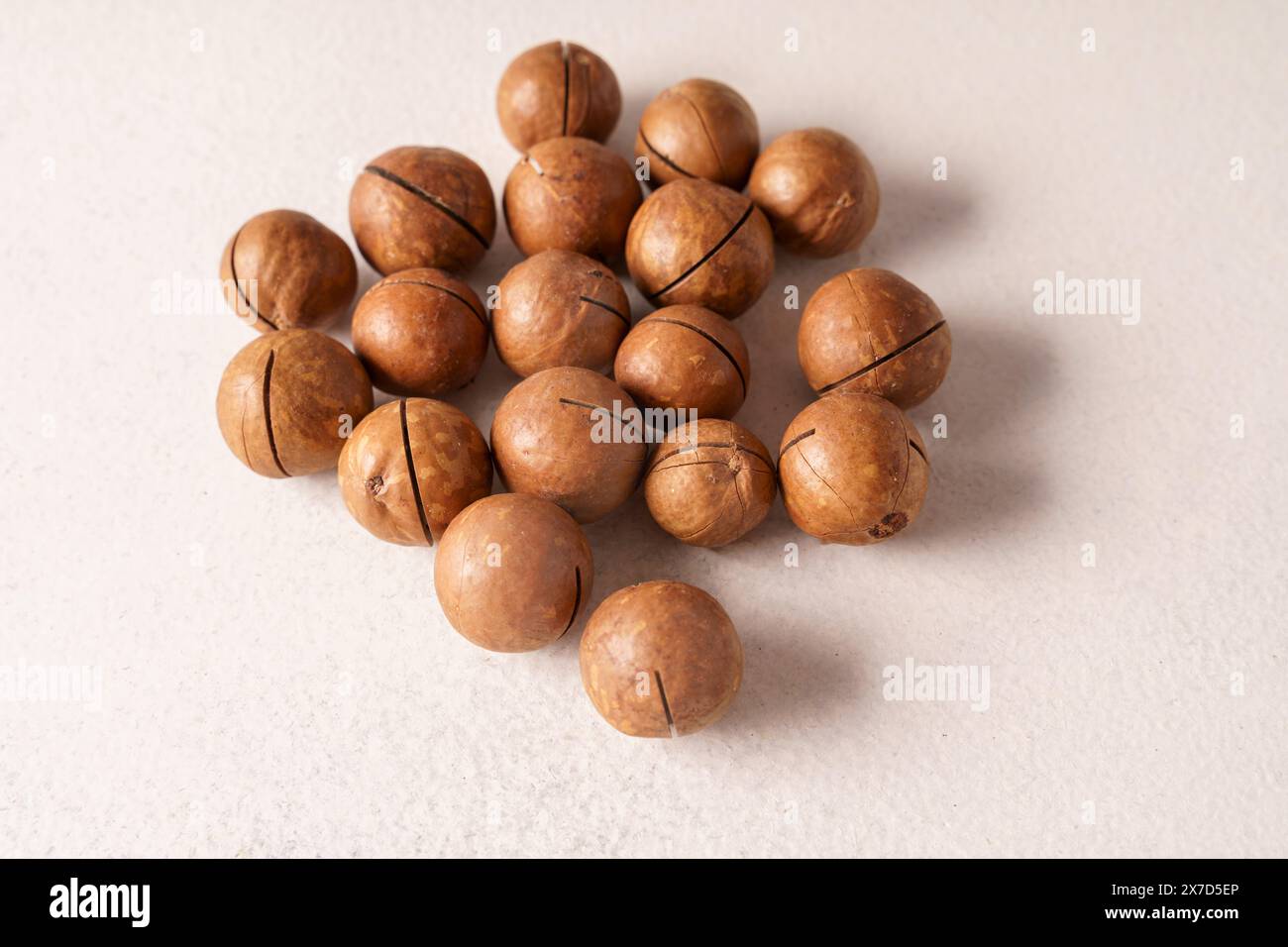 Un mucchio di noci di macadamia in un guscio su sfondo bianco, piatto, spazio di copia. Foto Stock