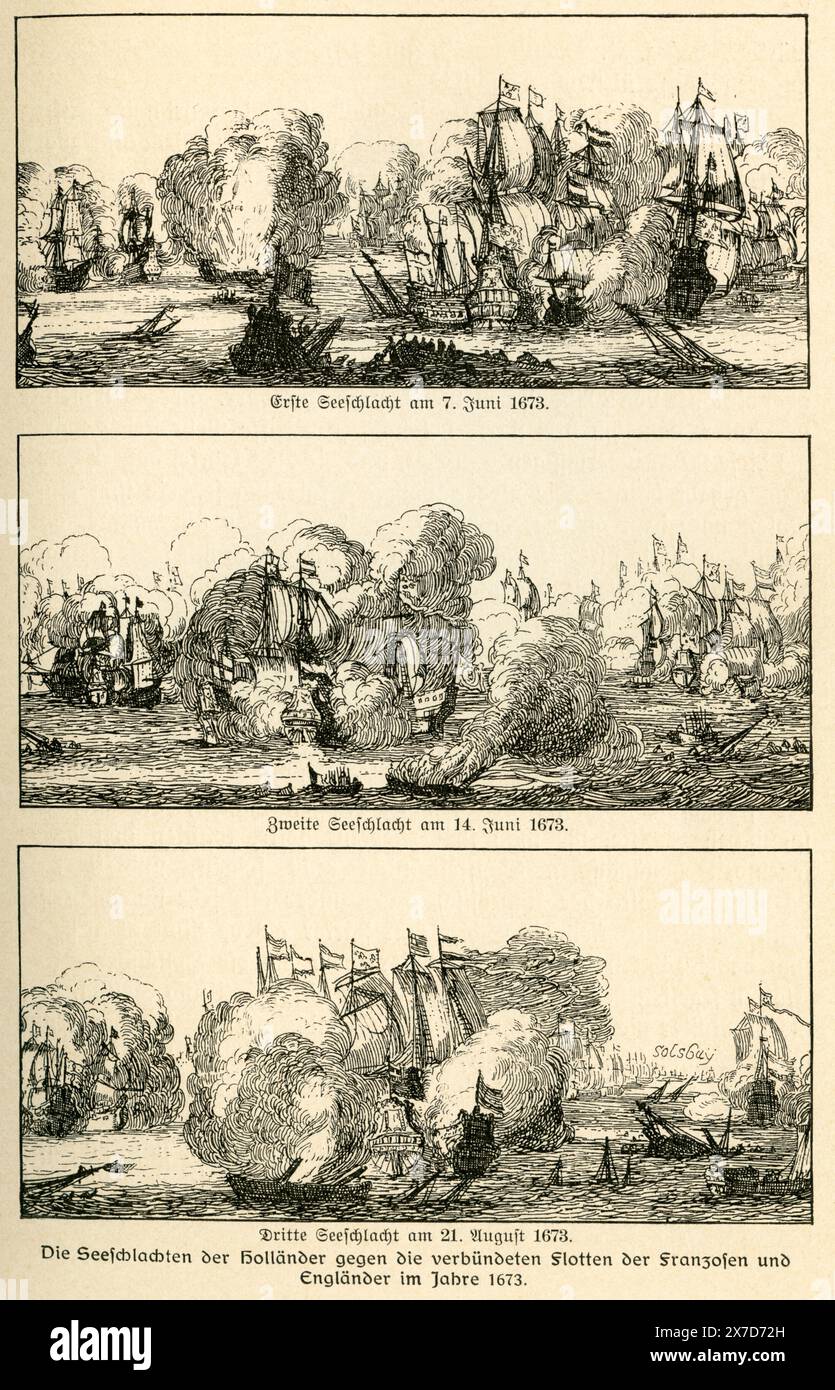 Europa, Niederlande, Originaltext : Die Seeschlachten der Holländer gegen die verbündeten Flotten der Franzosen und Engländer im Jahre 1673 , dritte Seeschlacht, Rechte werden nicht vertreten , Motiv aus : Seehelden und Seeschlachten in neuerer und neuester Zeit , von Korvettenkapitän A. D. von Holleben, Verlag otto Spamer , Lipsia , 1913 . / Europa, Paesi Bassi, testo originale : Sie seeschlachten der Holländer gegen die verbündeten Flotten der Franzosen und Engländer im Jahre 1673 , dritte Seeschlacht , ( le battaglie navali degli olandesi contro le flotte di Inghilterra e Francia in t Foto Stock