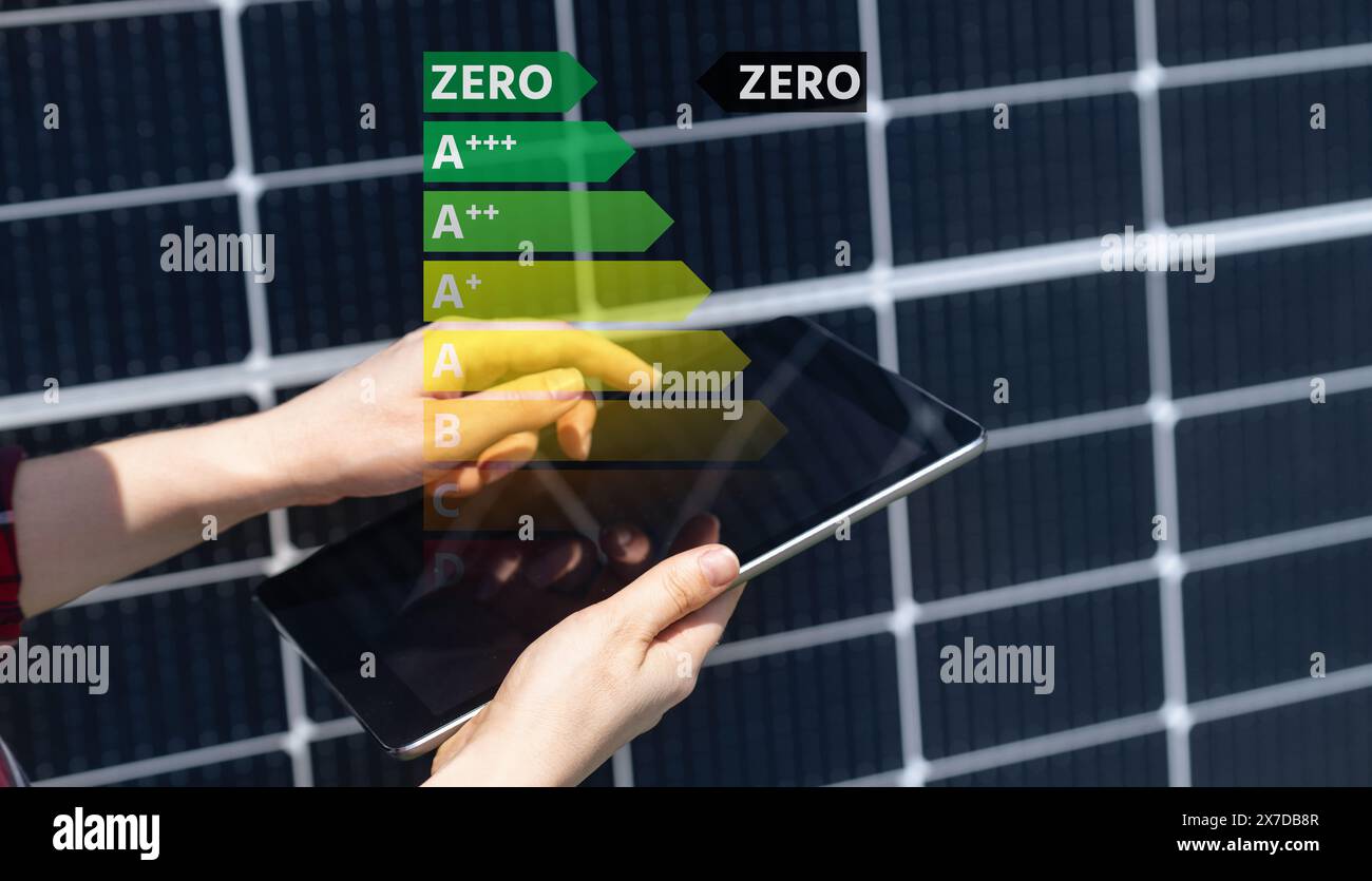 Fonti di energia rinnovabili con etichetta energetica. La freccia punta su Zero. Foto Stock
