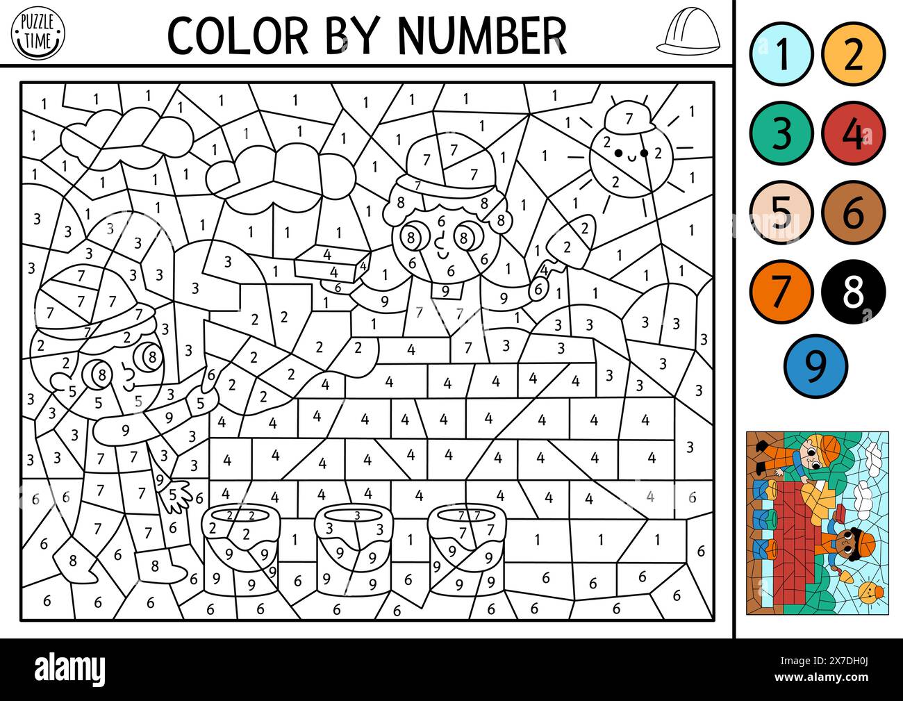 Attività a tema del sito di costruzione vettoriale colore per numero con lavoratori che costruiscono pareti in mattoni. Gioco di conteggio in bianco e nero con paesaggio industriale. Co Illustrazione Vettoriale