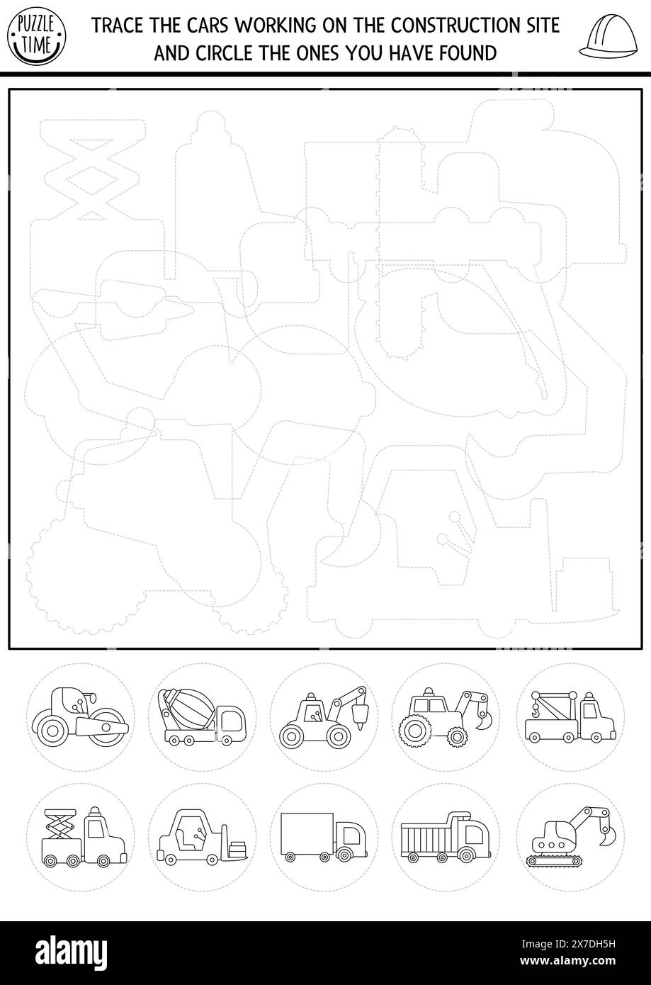 Tracciatura in bianco e nero per cantieri edili, attività di riconoscimento della forma con veicoli industriali. Rompicapo in linea con i contorni tratteggiati dei camion. Illustrazione Vettoriale