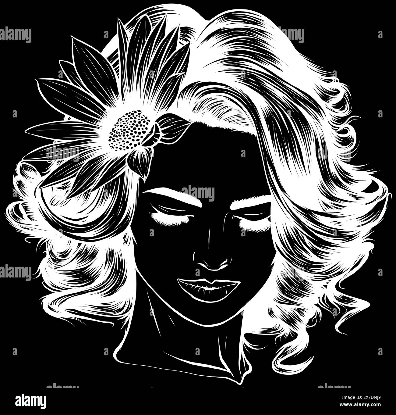 faccia di donna in linea bianca su sfondo nero Illustrazione Vettoriale