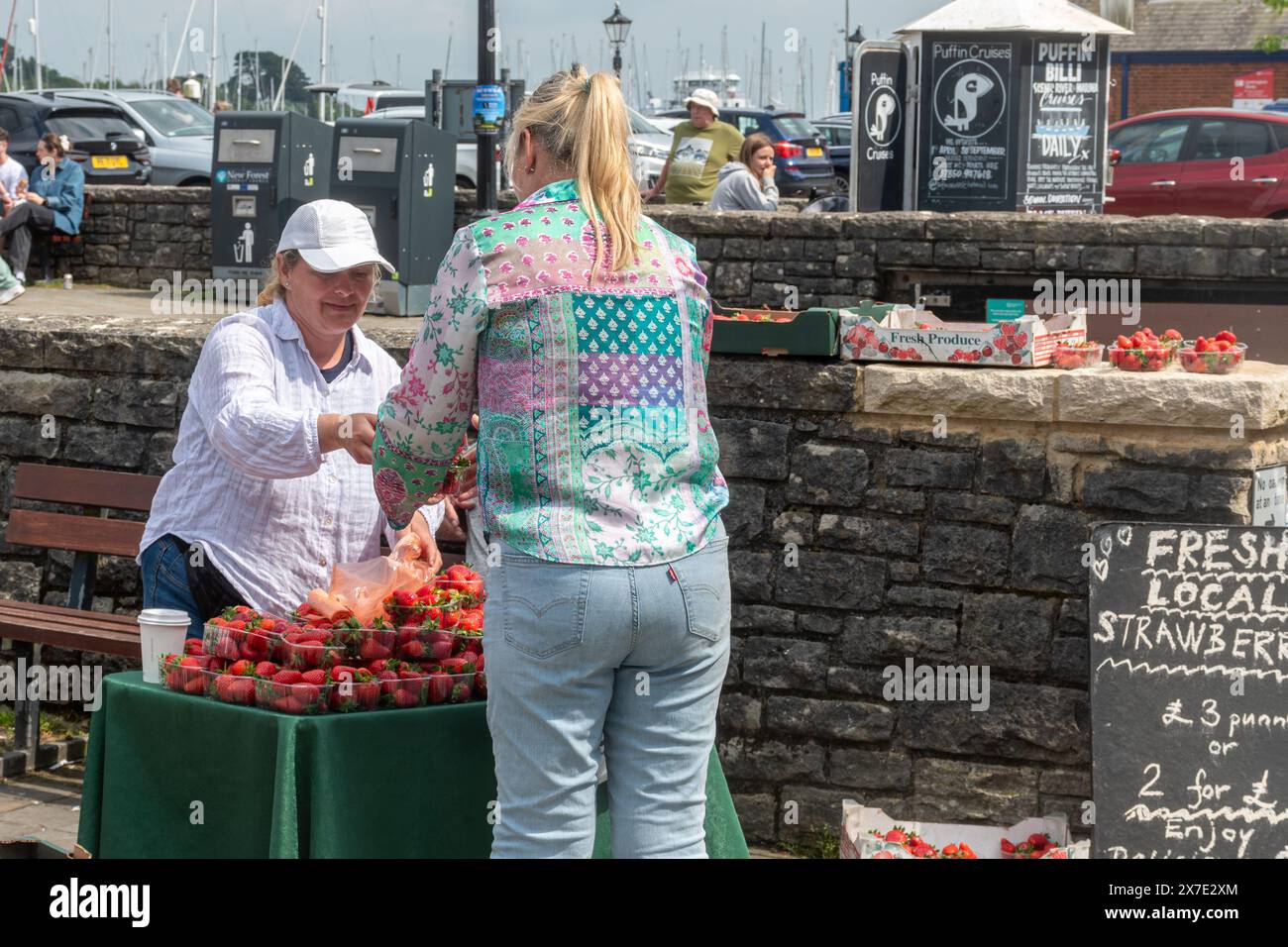 Donna che vende fragole fresche locali a Lymington Harbour a maggio, Hampshire, Inghilterra, Regno Unito Foto Stock