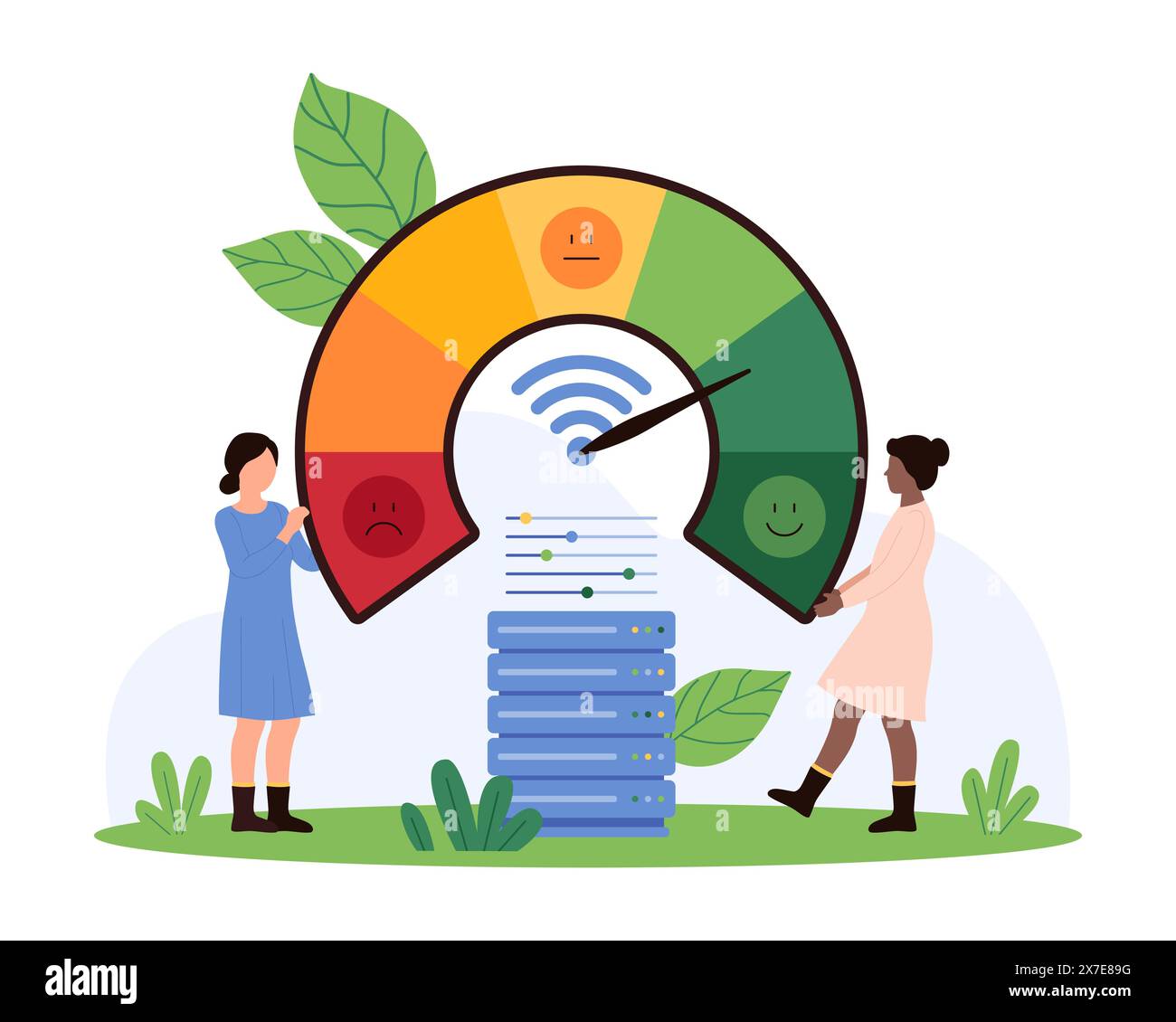 Ottimizzazione del caricamento dei dati, download rapido. Le persone più piccole misurano la velocità di connessione Internet sul tachimetro con freccia e scala con emoji, testano l'illustrazione vettoriale del cartoni animati del booster di rete digitale Illustrazione Vettoriale