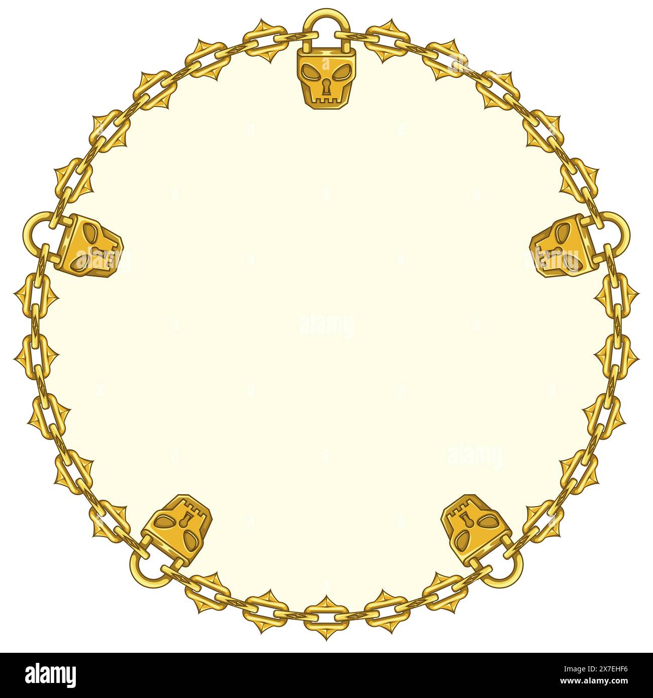 Design vettoriale cerchio con catene e lucchetto per prigioni sotterranee e sotterranei, lucchetto a forma di cranio con catene da taglio Illustrazione Vettoriale