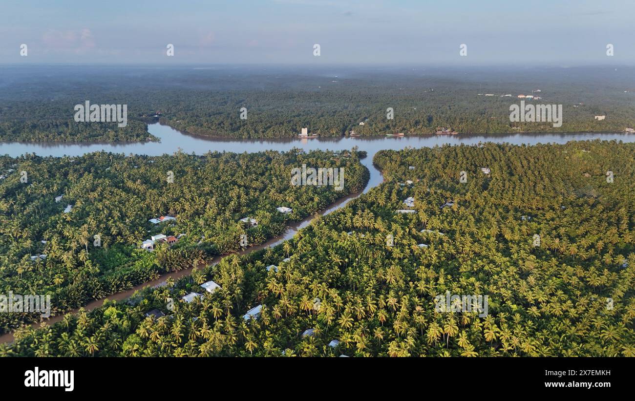 Splendida vista aerea della campagna del Delta del Mekong, terra di noci di cocco con vaste palme da cocco, giungla di palme nipa, casa sul fiume e trasporto via acqua buono per V. Foto Stock