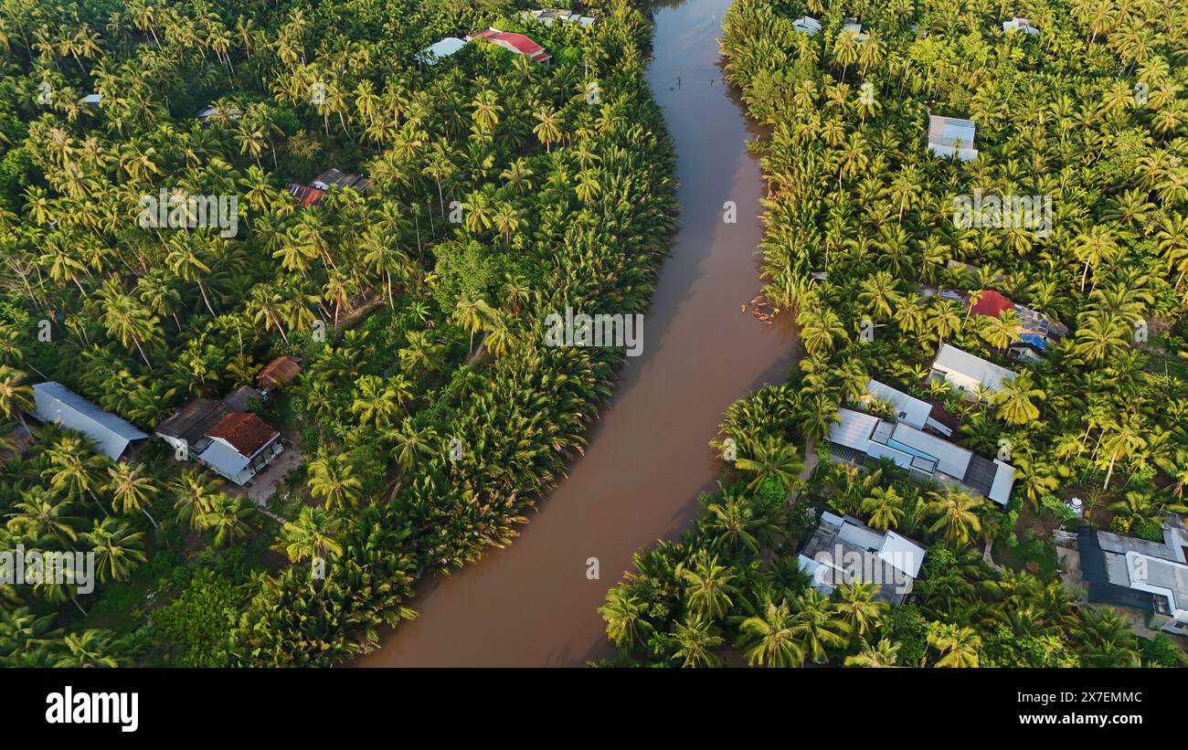 Splendida vista aerea della campagna del Delta del Mekong, terra di noci di cocco con vaste palme da cocco, giungla di palme nipa, casa sul fiume e trasporto via acqua buono per V. Foto Stock