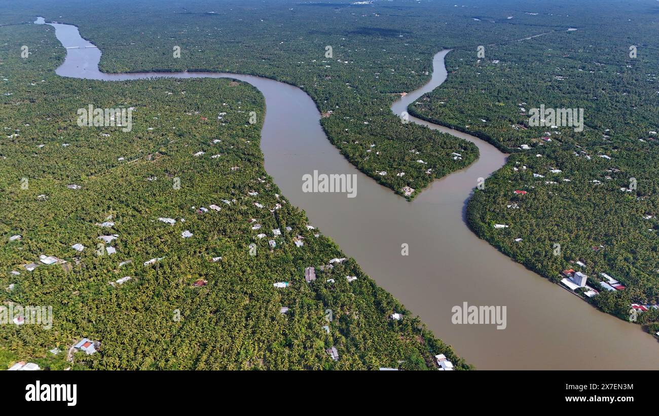 Incredibile vista aerea del delta del Mekong, vasto campo di noci di cocco, palme, nipa, sistema di irrigazione per canale con molti rami fluviali, fonte d'acqua per l'agricoltura Foto Stock