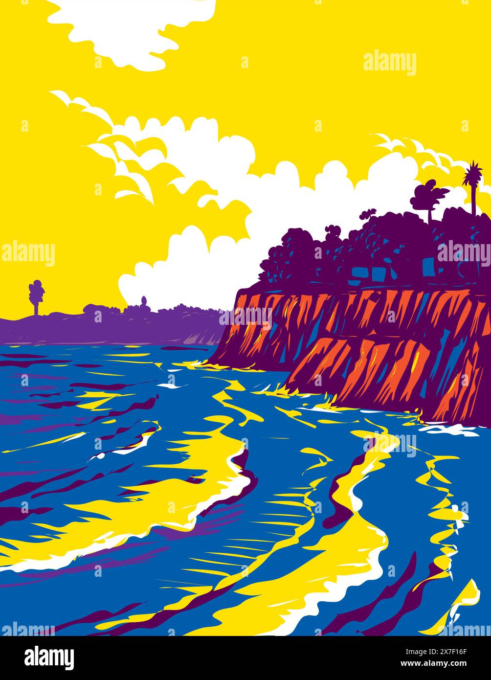 WPA poster art of surf Beach a Campus Point Beach in Lagoon Road, Isla Vista, California, Stati Uniti d'America USA Done in Works project admin Illustrazione Vettoriale