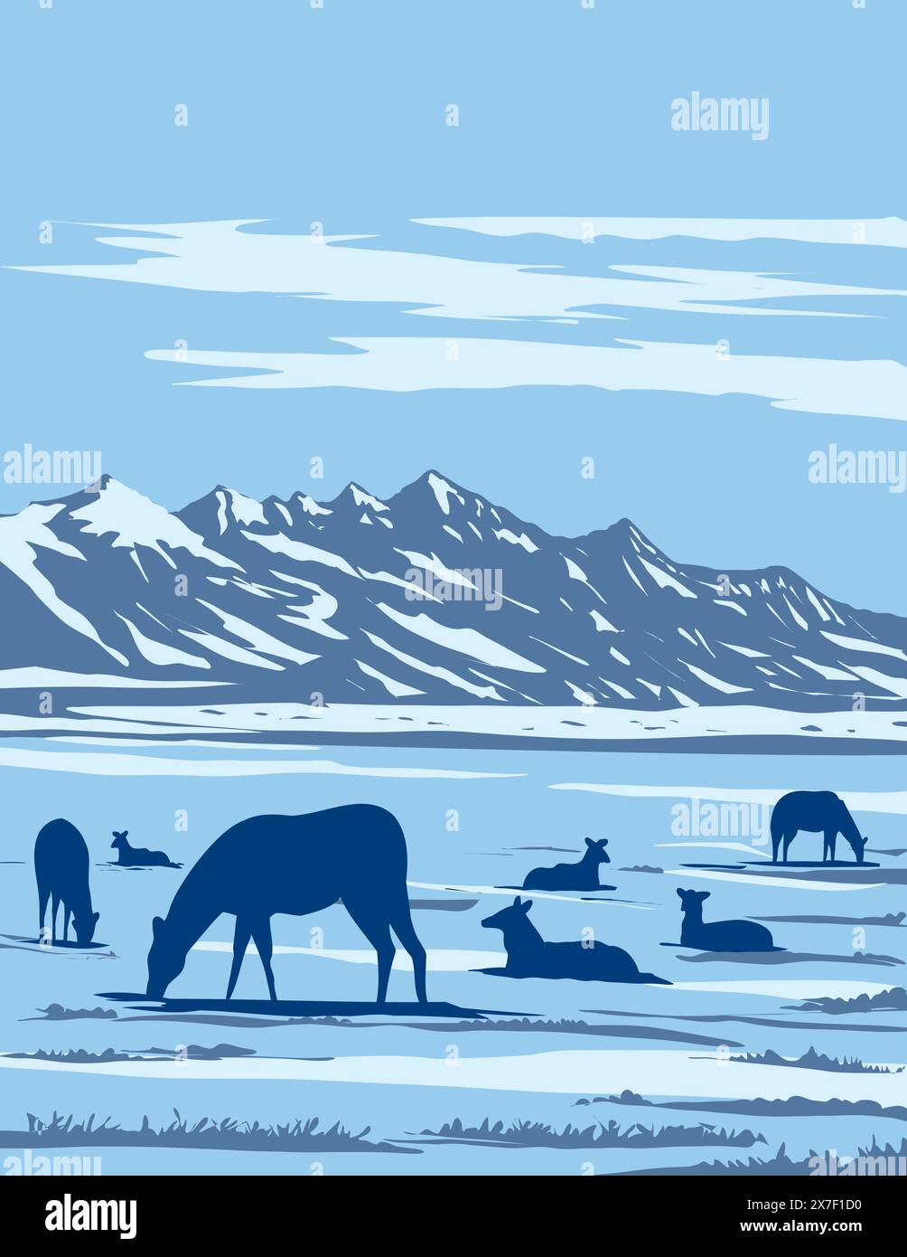 Poster art WPA di Wapiti o alci al National Elk Refuge di Jackson Hole, Wyoming Stati Uniti d'America, adminis del progetto fatto in Works Illustrazione Vettoriale