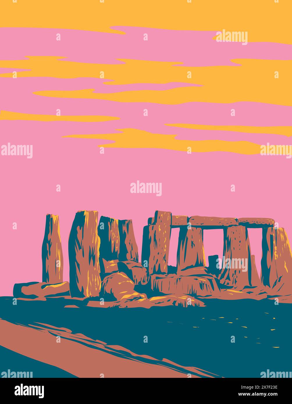 WPA poster art di Stonehenge, un monumento preistorico a Salisbury Plain nel Wiltshire, in Inghilterra, nel Regno Unito e nelle isole britanniche Illustrazione Vettoriale