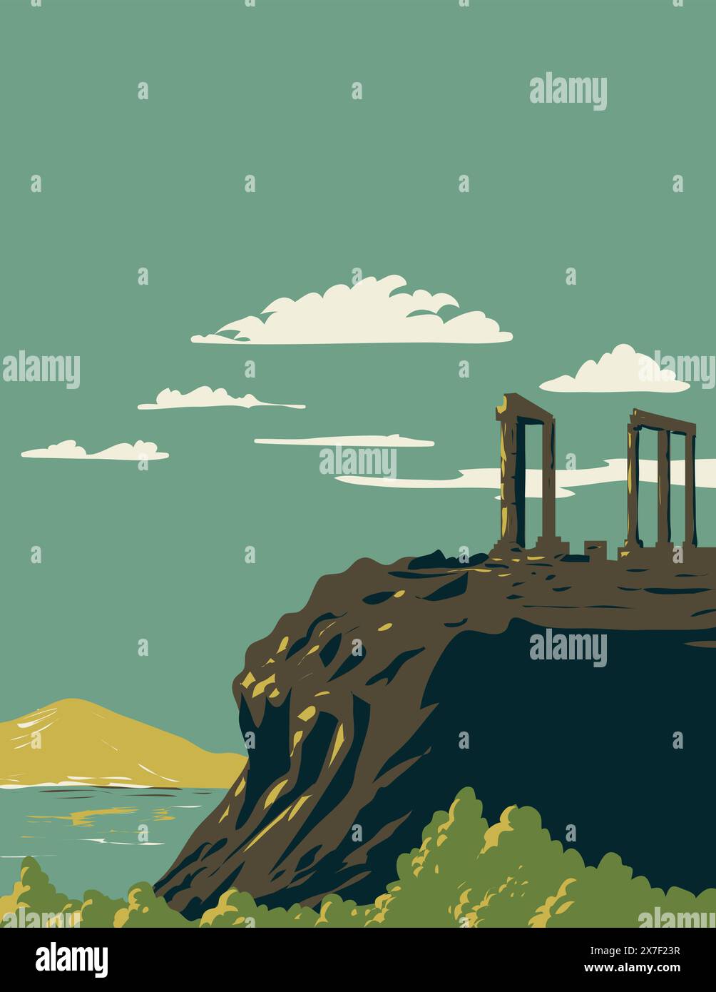 WPA poster art di Capo Sounion con il tempio delle rovine di Poseidone e l'isola di Patroklos in Attica all'interno del Sounio National Woodland Park in Grecia Illustrazione Vettoriale