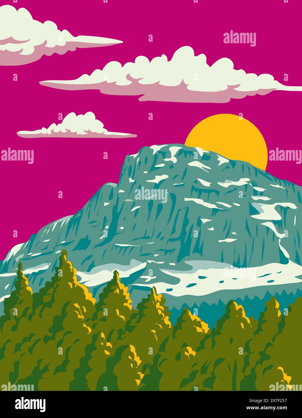 WPA poster art del Monte Tymphe o Tymfi nella catena montuosa del Pindus settentrionale all'interno del Parco Nazionale Vikos-Aoos nella Grecia nordoccidentale fatto in opere pro Illustrazione Vettoriale