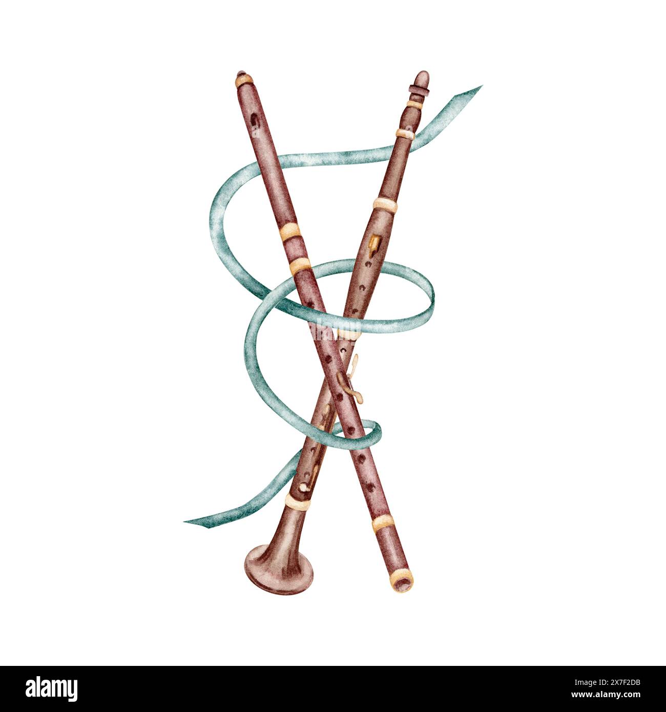 Clarinetto e flauto vintage con nastro blu. Strumenti musicali d'epoca. Illustrazione ad acquerello disegnata a mano isolata su sfondo bianco. Per il concerto Foto Stock