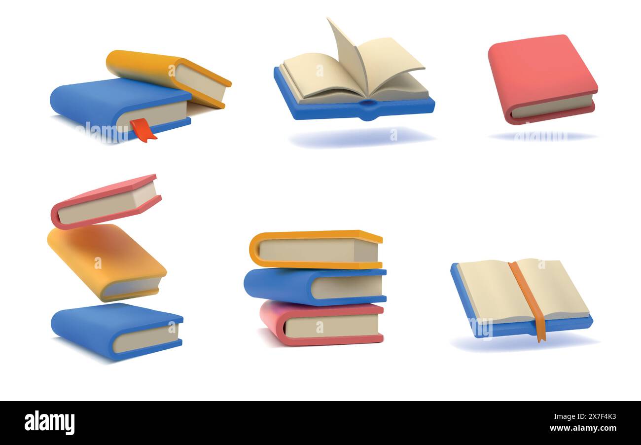 libri in 3d. Appunti e riviste aperti e chiusi, studi di enciclopedia o dizionario, lettura di storie o conoscenza scolastica. Stack di libri di testo. Stile minimalista e carino Illustrazione Vettoriale