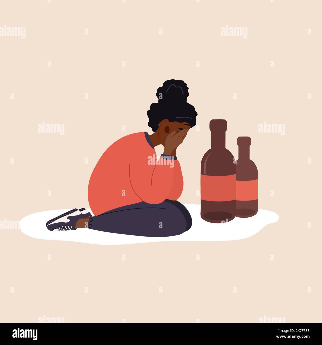 Alcolismo femminile. Donna africana depressa seduta a terra e piange. Ragazza che soffre di alcolismo duro. Effetti dell'alcolismo. Abuso di alcool. Vettore Illustrazione Vettoriale