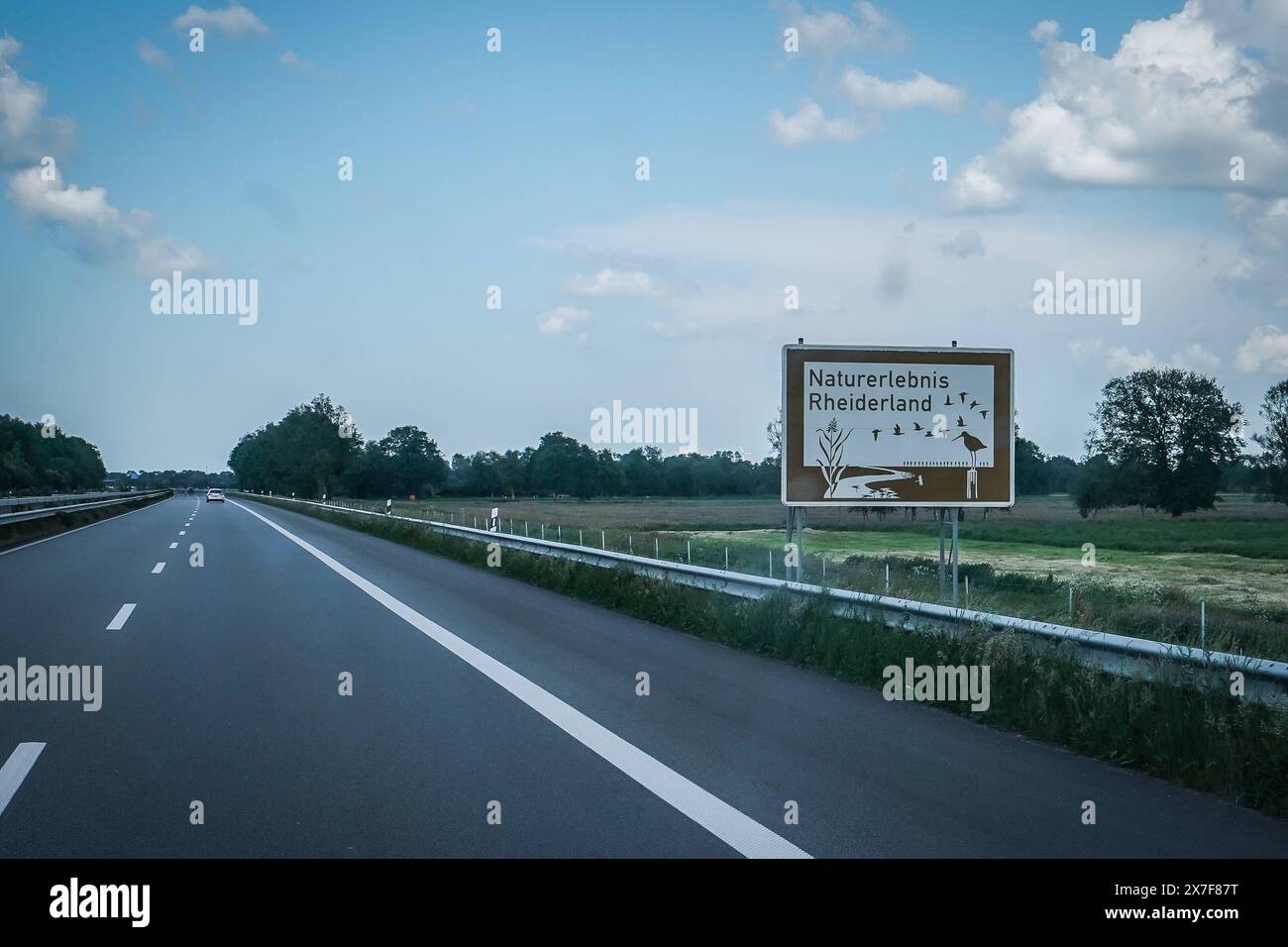 Autobahn, Straßenschild, Naturerlebnis Rheiderland, Braunes Schild, Autobahnausfahrt, blauer Himmel, Wolken, Auto, Fahrbahn, Leitplanke, Bäume, Wiesen, Deutschland, Verkehr, Sommer, Wegweiser, Autobahn A31, Emslandautobahn, Nord-Süd-Verbindung, Schnellstraße, Infrastruktur, Verkehrsnetz, verbindet Emden mit Bottrop, führt durch Niedersachsen und Nordrhein-Westfalen, landschaftlich reizvoll, wenig befahren, ermöglicht schnelle Verbindungen, geringe Verkehrsbelastung, wichtige Verbindung für regionale Wirtschaft, erleichtert Zugang zu touristischen Zielen, Naturerlebnis, Vogelschutzgebiet, Lands Foto Stock