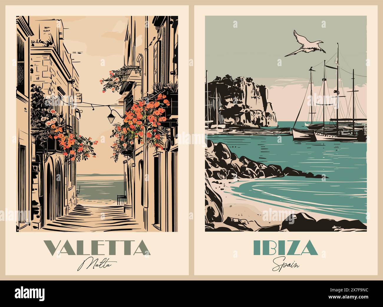 Set di poster delle destinazioni di viaggio in stile retrò. Illustrazione Vettoriale