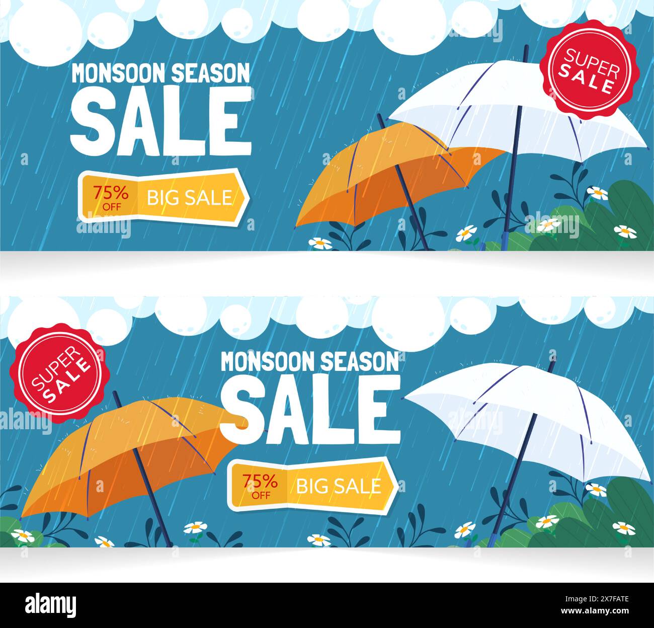 Banner di vendita creativa o poster di vendita della stagione Monsoon. Sconto, offerte. sfondo stagione monsonica. concetto di giornata piovosa. stagione delle piogge. sfondo piovoso Illustrazione Vettoriale