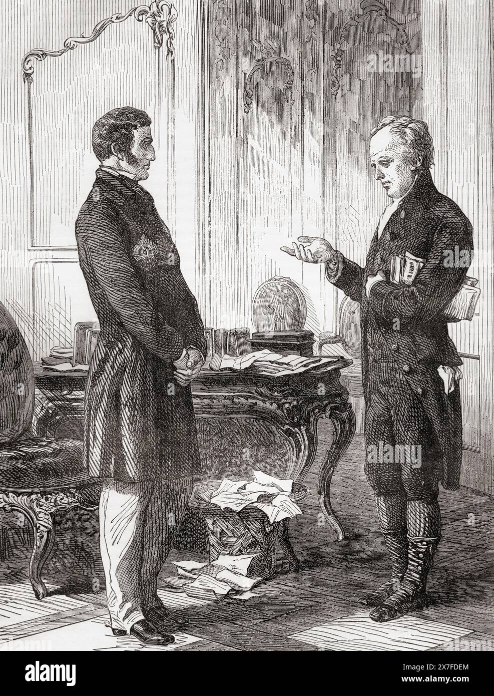 William Allen incontra il Duca di Wellington. William Allen, 1770 – 1843. Scienziato inglese, filantropo, quacchero, abolizionista e proattivo negli schemi di miglioramento sociale e penale nell'Inghilterra dei primi anni del XIX secolo. Feldmaresciallo Arthur Wellesley, i duca di Wellington, 1769 – 1852. Statista britannico, soldato e due volte primo ministro del Regno Unito. Dalla storia illustrata dell'Inghilterra di Cassell. Foto Stock