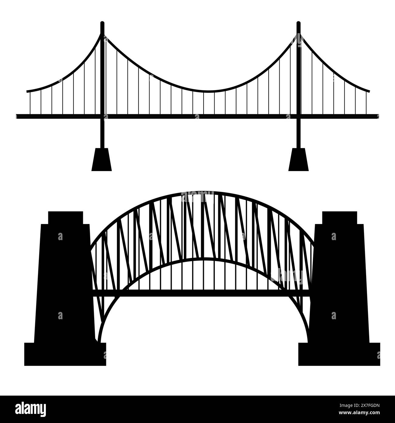 Icone delle sagome dei ponti vettoriali. Silhouette nere di splendidi ponti su sfondo bianco per loghi, badge o icone Internet. Illustrazione vettoriale Illustrazione Vettoriale