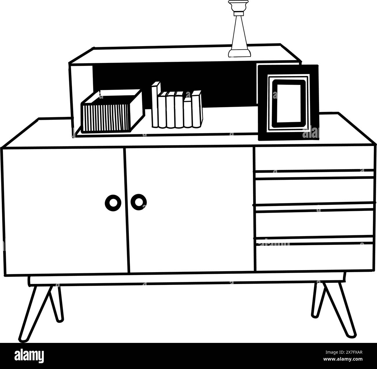 Cassettiera con cassetti, ripiano per libri, elementi decorativi sugli scaffali. Illustrazione vettoriale, cassettiera disegnata a mano in nero Illustrazione Vettoriale