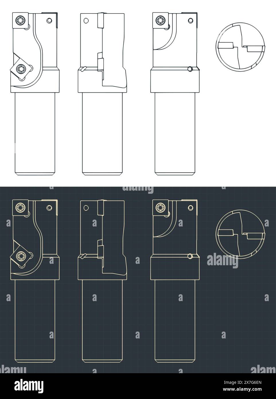 Illustrazioni vettoriali stilizzate di progetti di utensili per la lavorazione di parti in alluminio Illustrazione Vettoriale