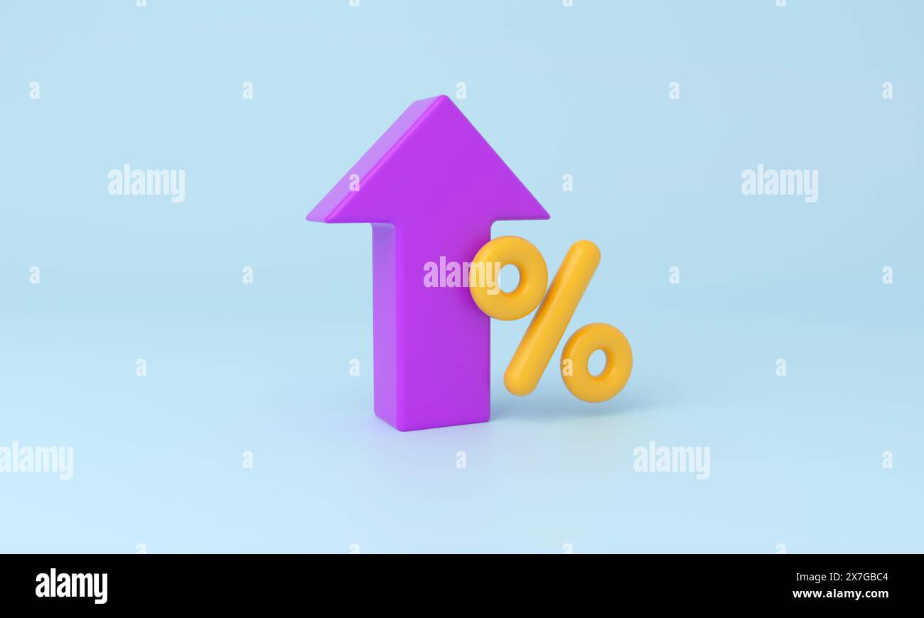 Illustrazione 3D che mostra una freccia viola verso l'alto e un segno di percentuale giallo, che simboleggia un aumento dei tassi di interesse, su uno sfondo azzurro. Foto Stock