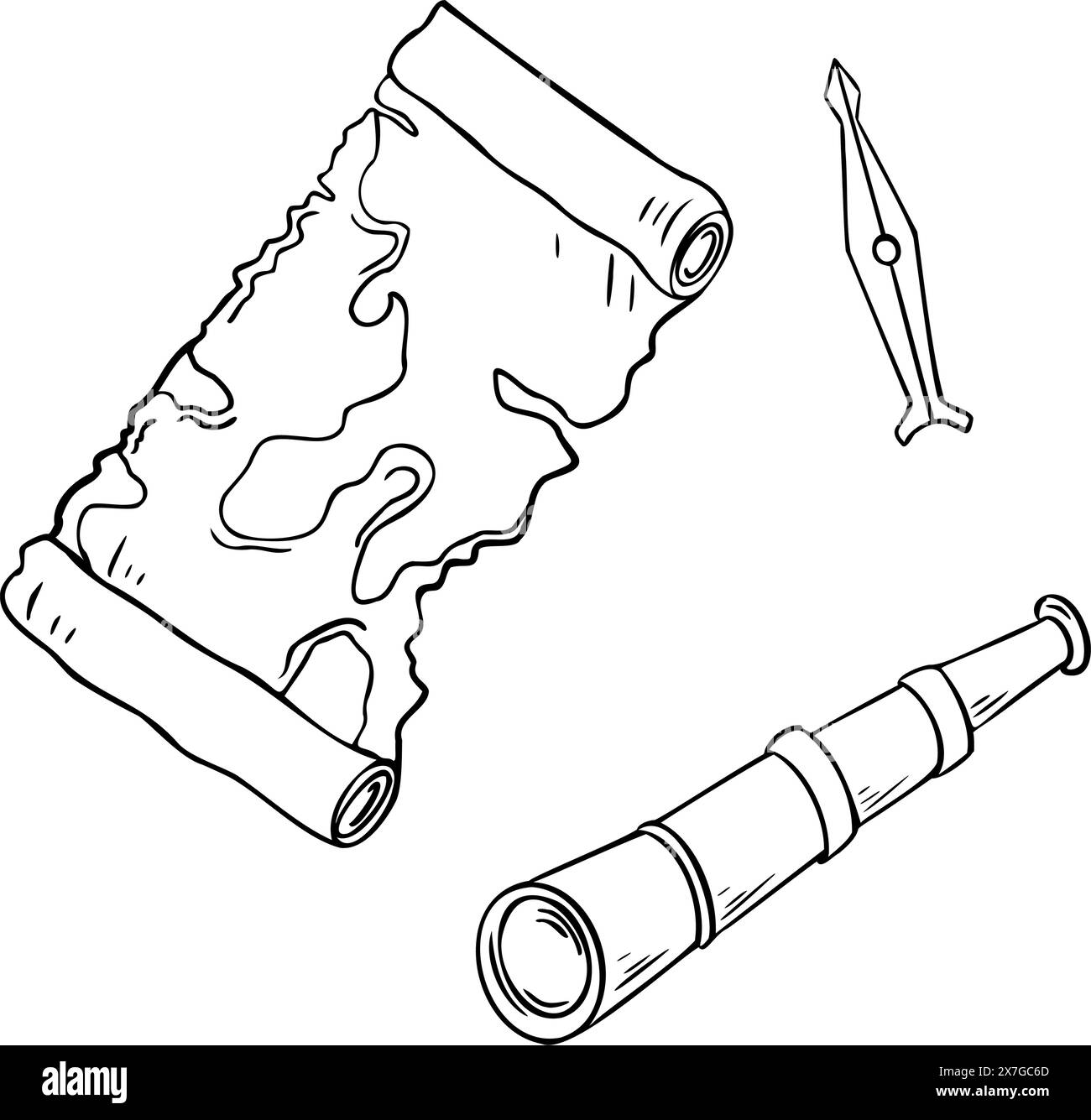 Mappa antica, illustrazione vettoriale contorno bianco nero spyglass isolata. Mappa arrotolata sagoma papiro disegnata a mano con inchiostro. Mano ad ago bussola graphi Illustrazione Vettoriale
