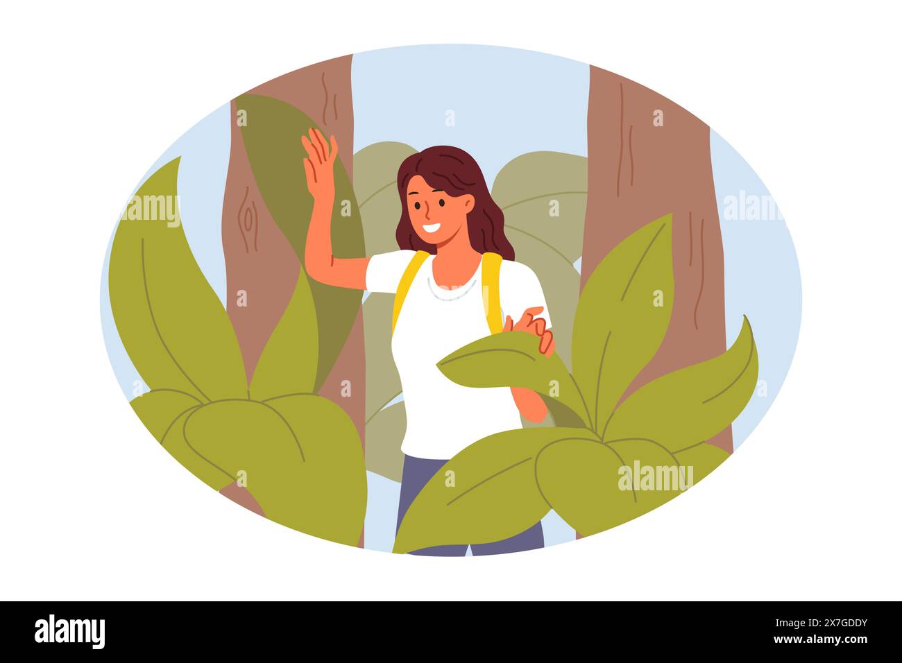 Una donna ha fatto un'escursione o una spedizione nella foresta, ha passeggiato tra gli alberi e gode di una natura selvaggia Illustrazione Vettoriale