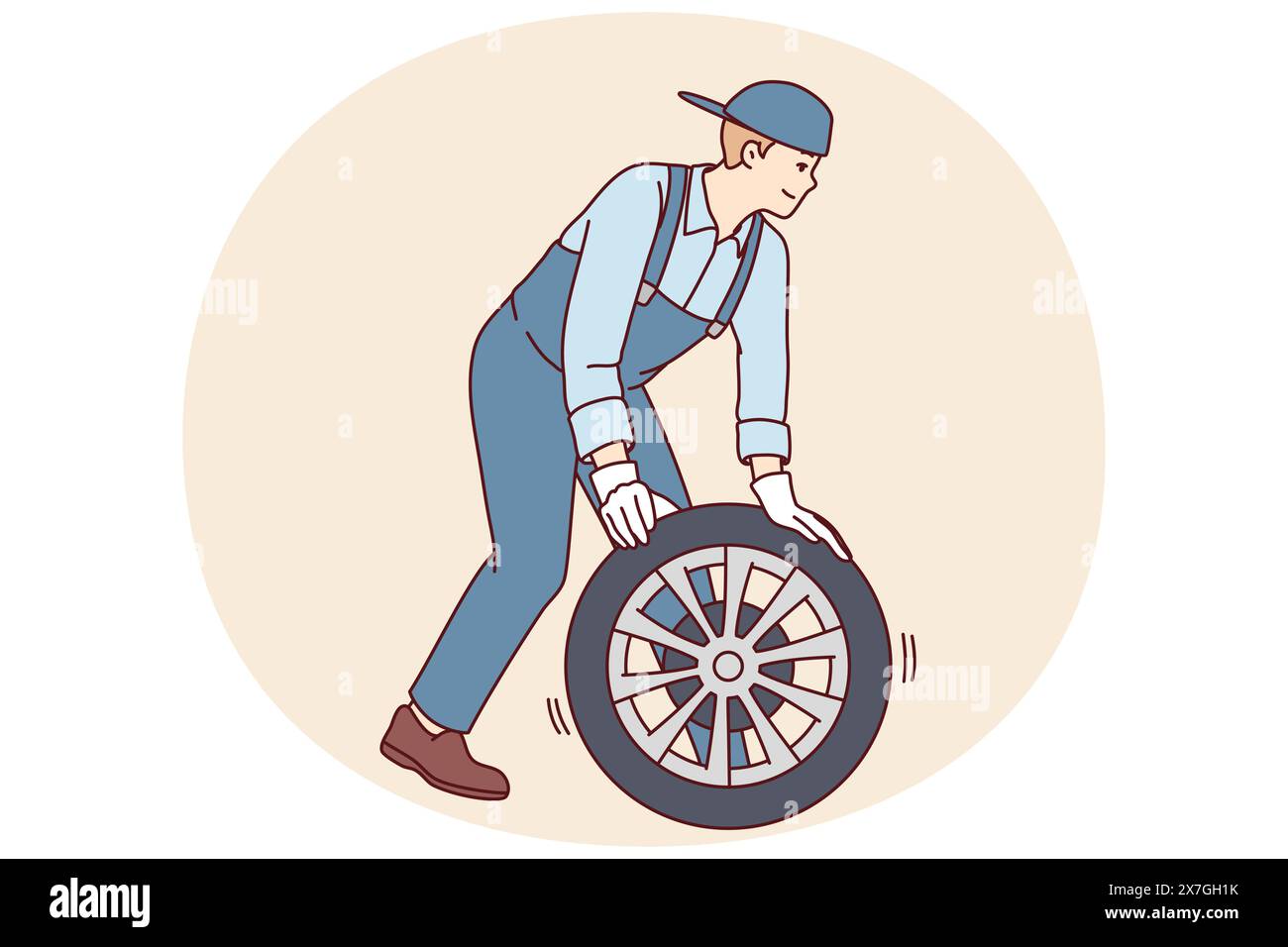 Man automobile riparatore cambia ruota di automobile a nuova per evitare incidente o per effettuare l'ispezione programmata. Il dipendente di un'officina di auto da officina effettua la manutenzione del veicolo o la preparazione pre-vendita Illustrazione Vettoriale