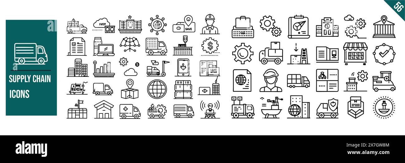 Serie di icone della catena di approvvigionamento. Raccolta di icone con contorno sottile. Illustrazione vettoriale. Traccia modificabile. Illustrazione Vettoriale