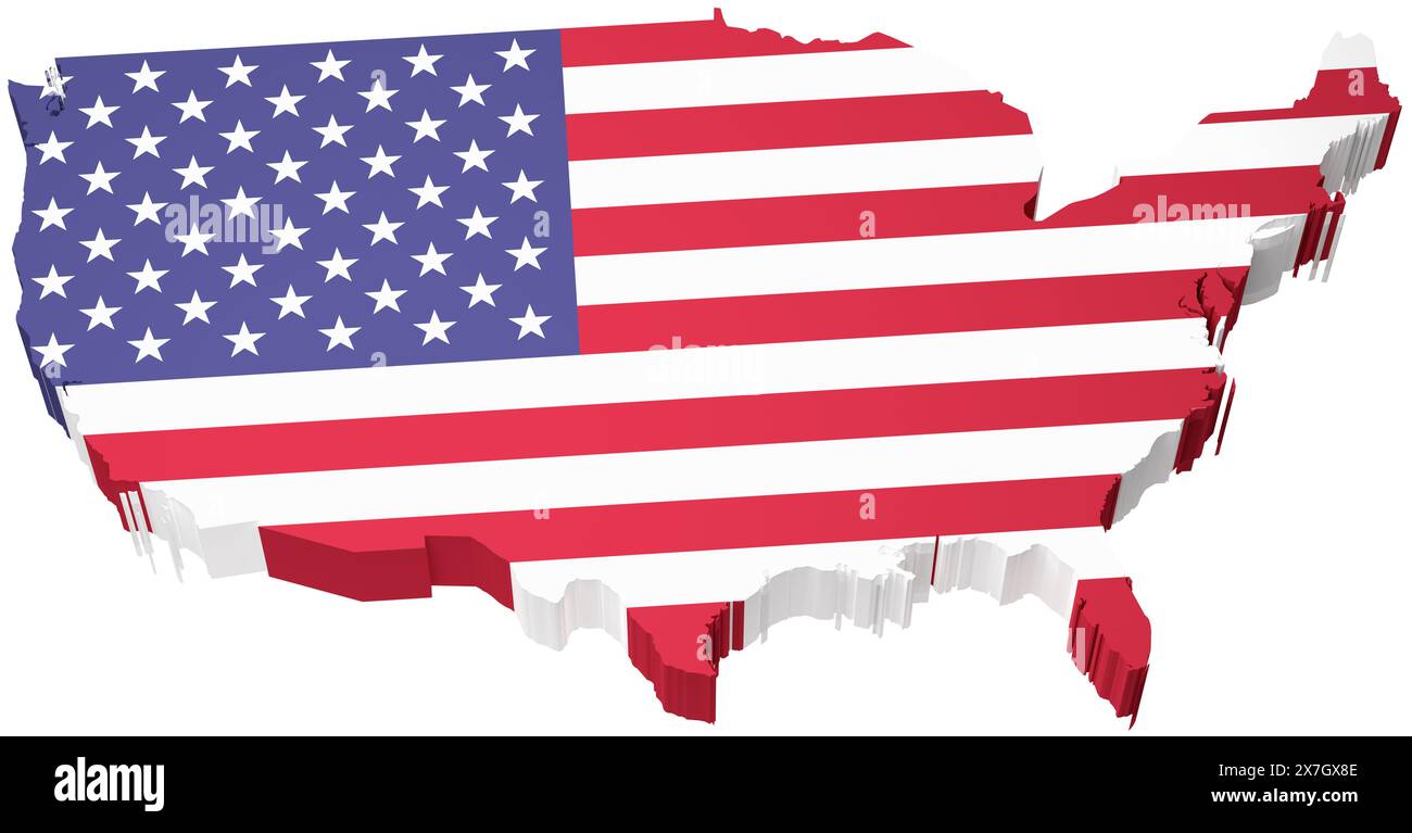 La mappa degli Stati Uniti è sovrapposta alla bandiera degli Stati Uniti isolata su sfondo bianco puro (i bianchi nella bandiera sono al massimo 252, quindi puoi confondere il backgrou Foto Stock
