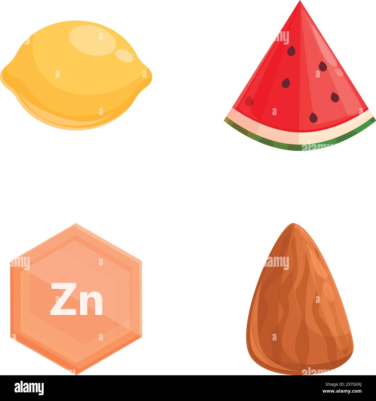 Le icone minerali Zn impostano il vettore dei cartoni animati. Prodotto alimentare ad alto contenuto di zinco. Cibo minerale Illustrazione Vettoriale