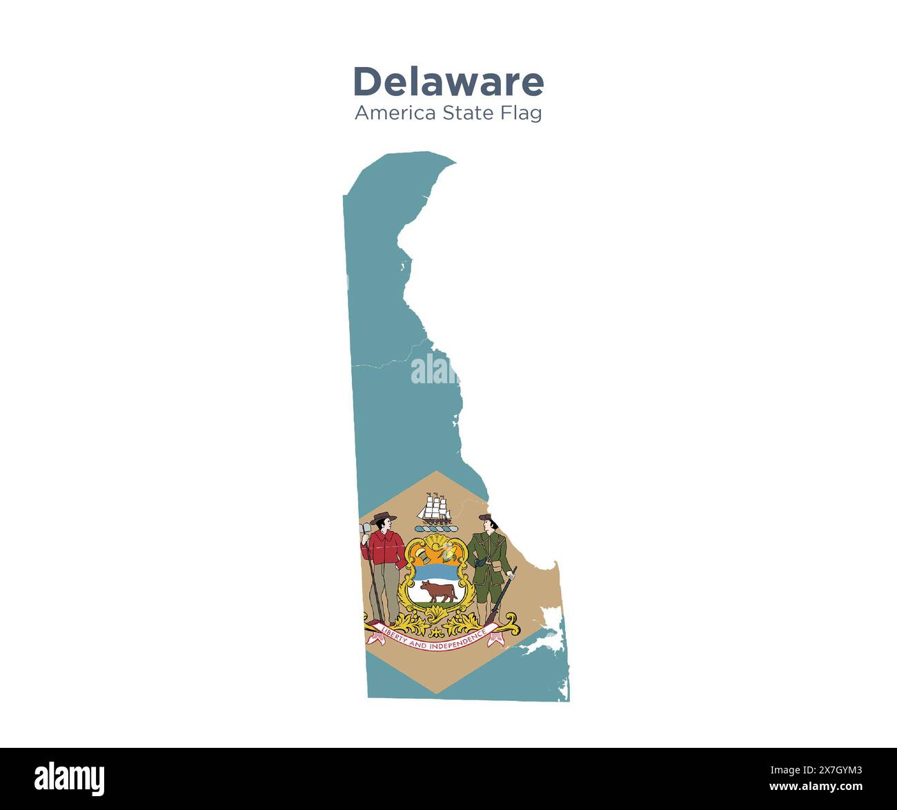 Bandiera e mappa del Delaware. Bandiere degli stati e territori degli Stati Uniti. L'America dichiara bandiera e mappa su sfondo bianco. Foto Stock