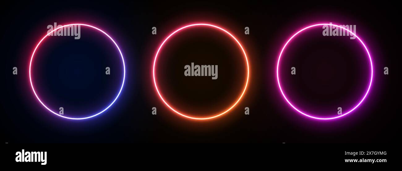 Telaio rotondo al neon. Bordo del cerchio graduato su sfondo nero. anello per striscioni futuristico 3d. Sagoma con sfere laser luminose. Portali fluorescenti elettrici. Illustrazione Vettoriale
