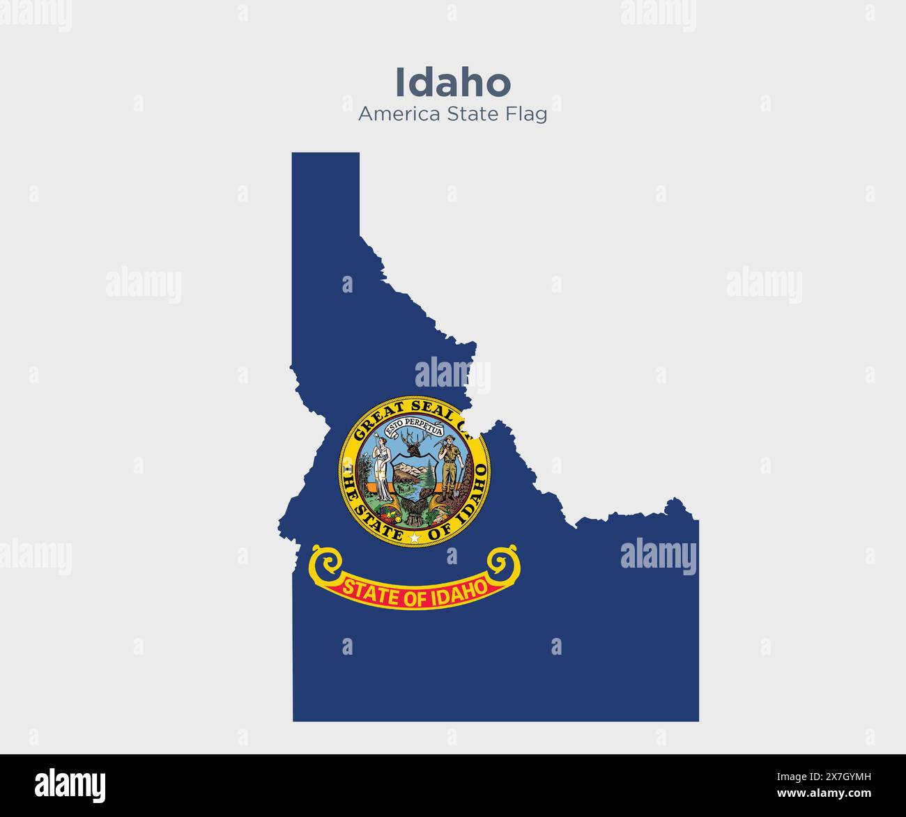 Bandiera e mappa dell'Idaho. Bandiere degli stati e territori degli Stati Uniti. L'America dichiara bandiera e mappa su sfondo bianco. Foto Stock