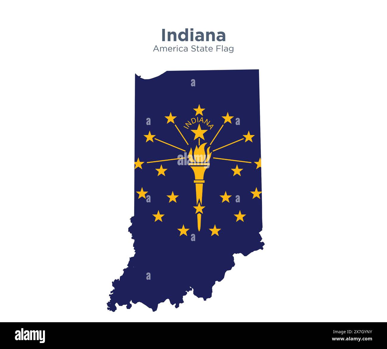 Bandiera e mappa dell'Indiana. Bandiere degli stati e territori degli Stati Uniti. L'America dichiara bandiera e mappa su sfondo bianco. Foto Stock