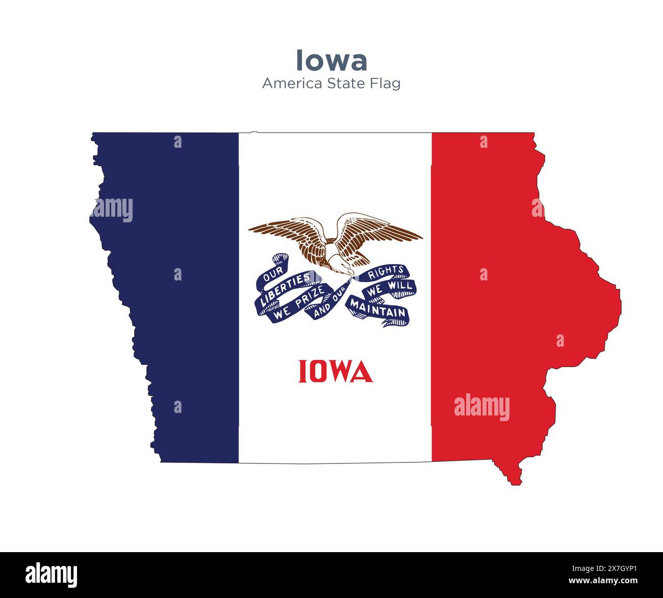 Bandiera e mappa dell'Iowa. Bandiere degli stati e territori degli Stati Uniti. L'America dichiara bandiera e mappa su sfondo bianco. Foto Stock