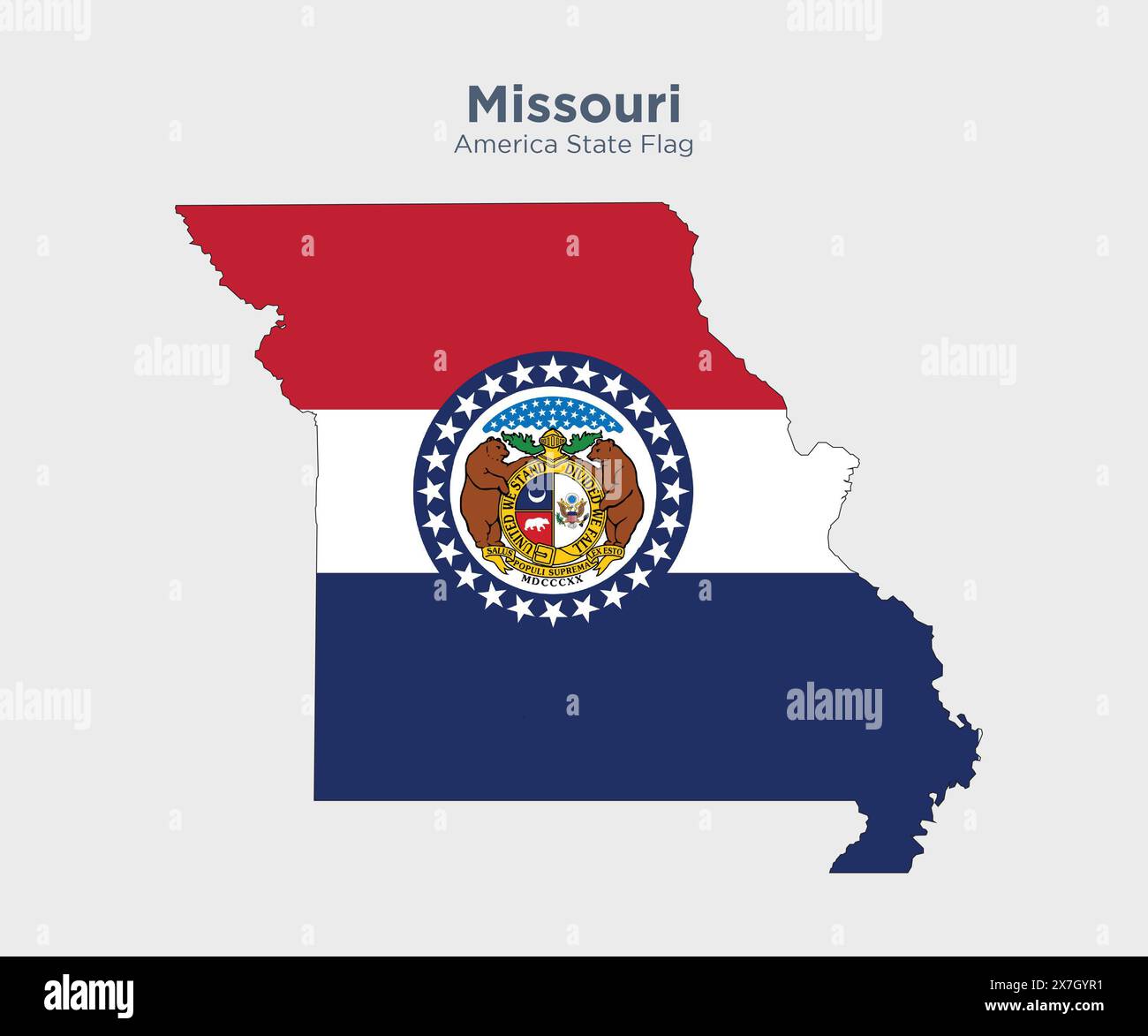 Bandiera e mappa del Missouri. Bandiere degli stati e territori degli Stati Uniti. L'America dichiara bandiera e mappa su sfondo bianco. Foto Stock