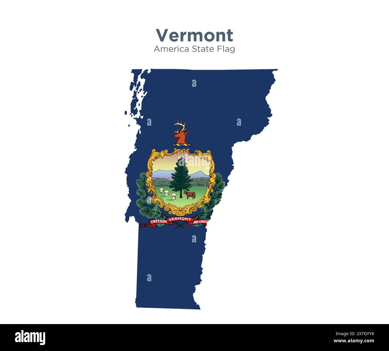Bandiera e mappa del Vermont. Bandiere degli stati e territori degli Stati Uniti. L'America dichiara bandiera e mappa su sfondo bianco. Foto Stock
