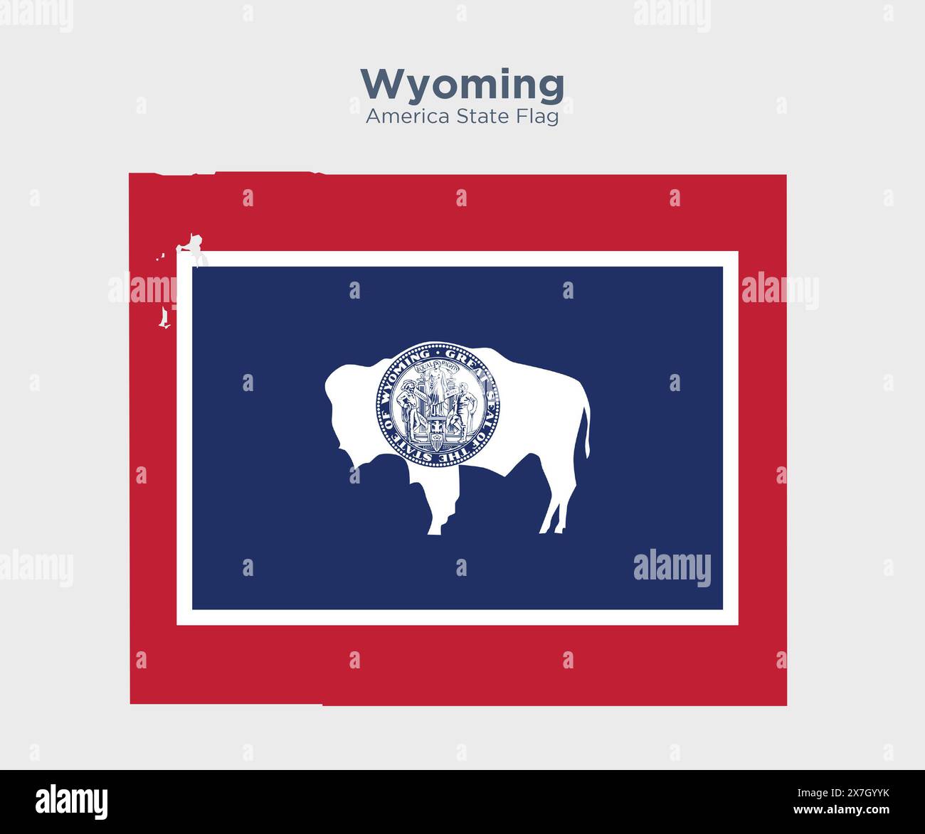 Bandiera e mappa del Wyoming. Bandiere degli stati e territori degli Stati Uniti. L'America dichiara bandiera e mappa su sfondo bianco. Foto Stock