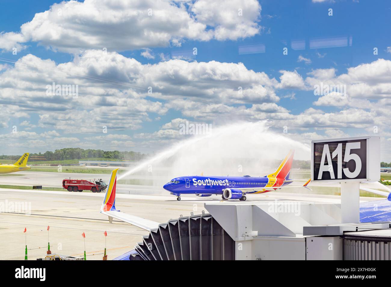 Saluto acquatico per un aereo sud-ovest all'aeroporto internazionale di Baltimora Foto Stock