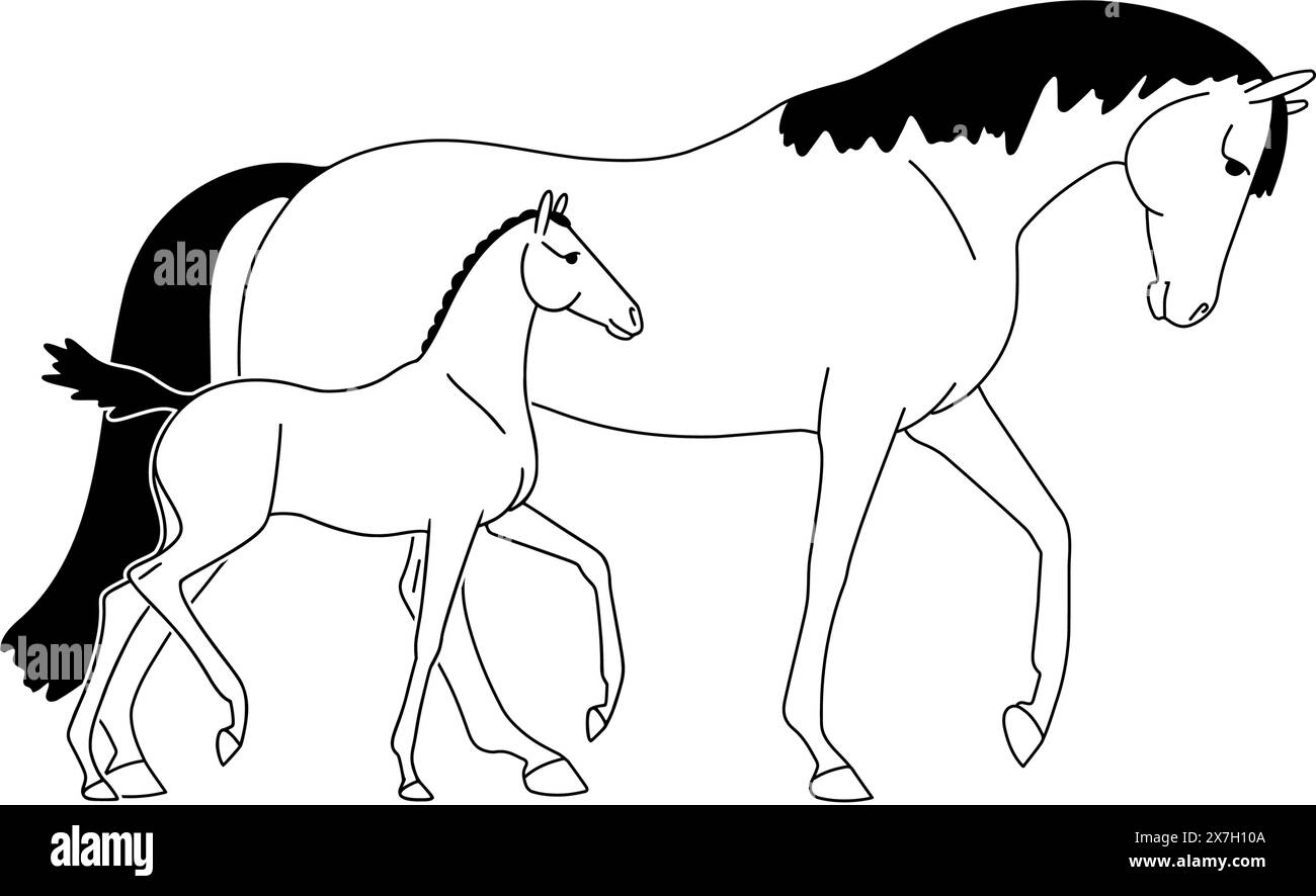 Semplice disegno vettoriale di una mare e di un puledro Illustrazione Vettoriale