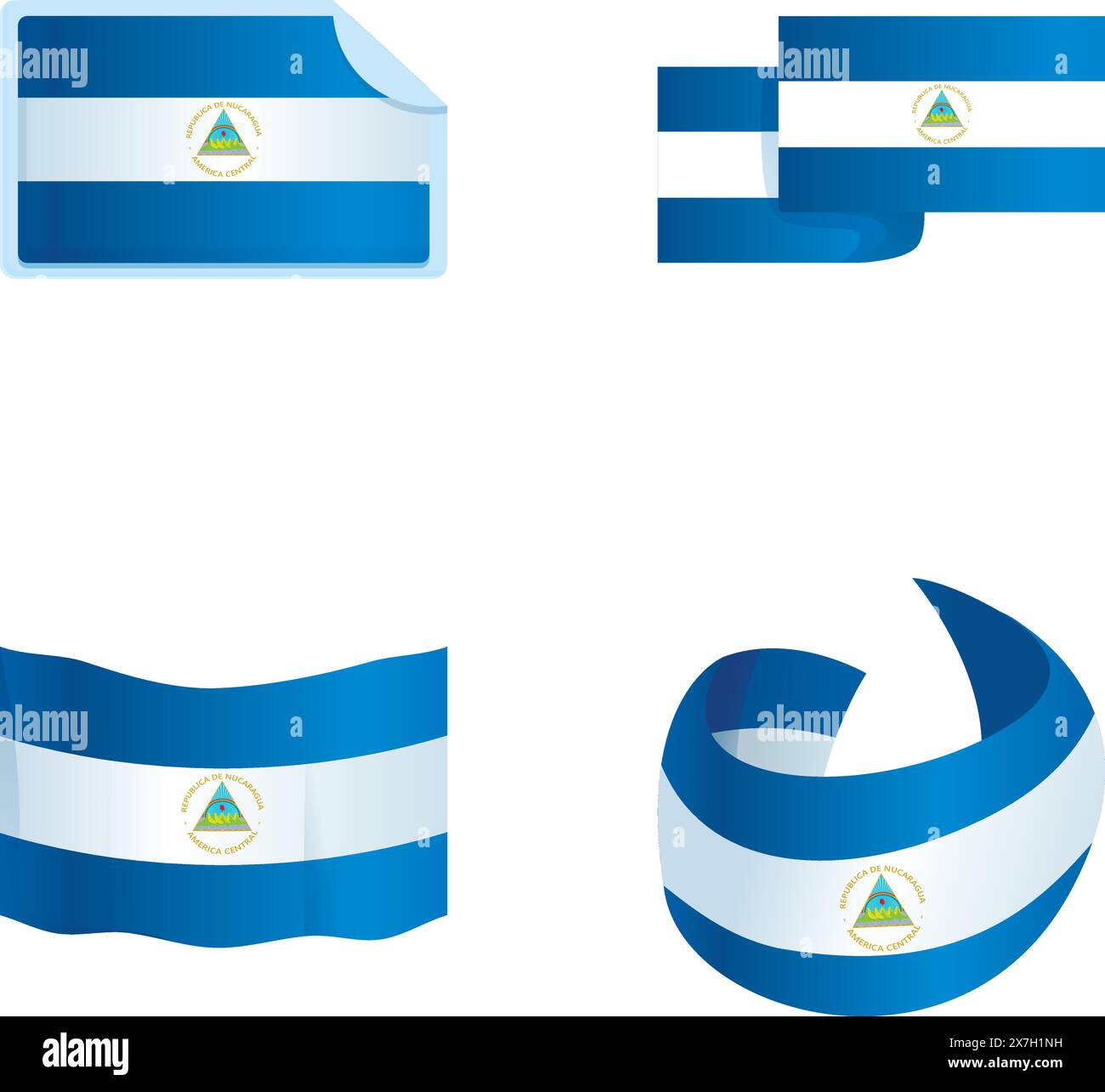 Le icone della bandiera del Nicaragua impostano il vettore dei cartoni animati. Bandiera nazionale del nicaragua. Paese dell'america centrale Illustrazione Vettoriale