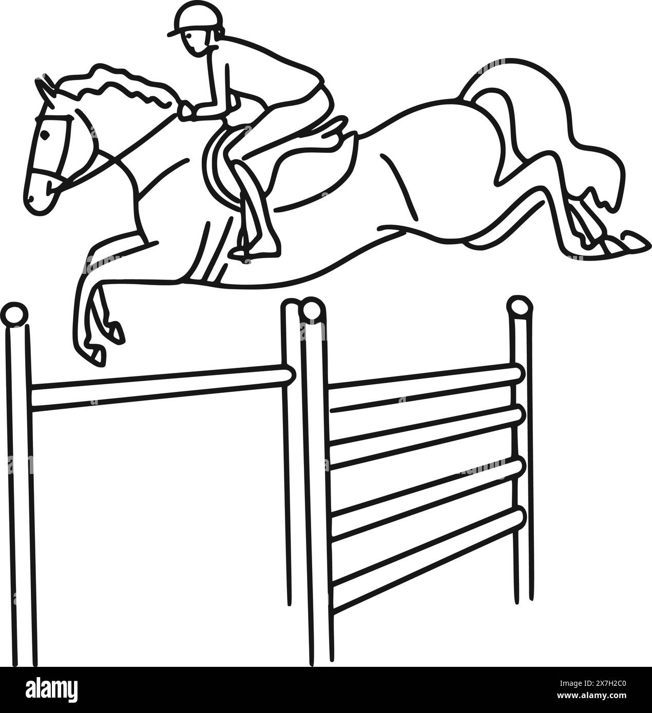 Doodle cavaliere a cavallo in arena per gare di salto Illustrazione Vettoriale