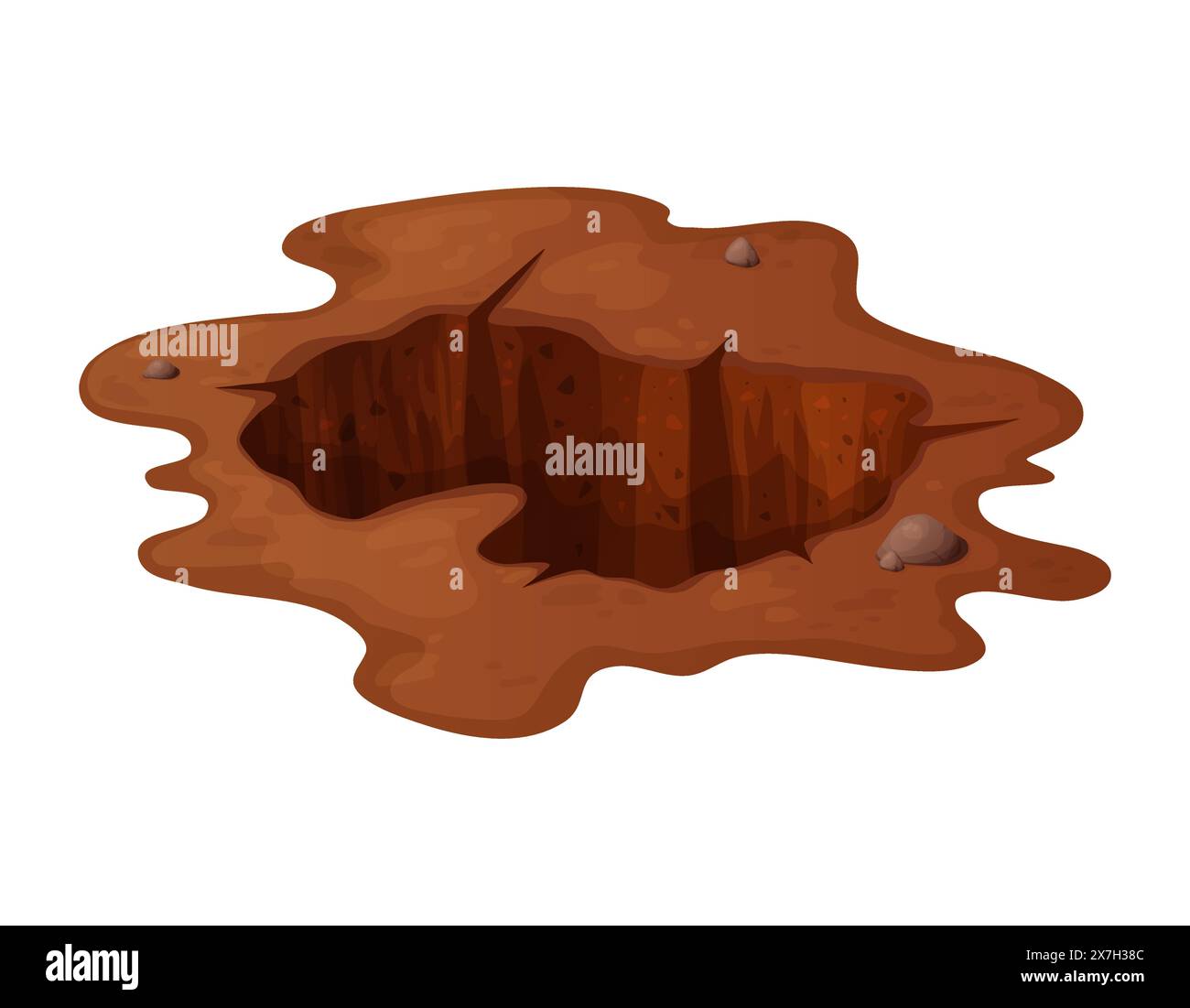 Buca di fossa nel cartone animato con pietre e terreno. Scavo sotterraneo sporco o miniera, tana, mucchio. Illustrazione vettoriale isolata su sfondo bianco Illustrazione Vettoriale