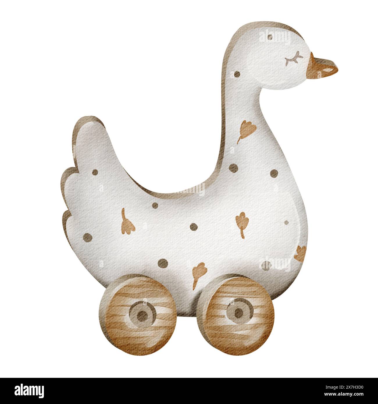 Illustrazione ad acquerello di un giocattolo per bambini. Giocattolo di legno su una ruota. Oca d'epoca dei cartoni animati. Vecchio giocattolo disegnato a mano su sfondo bianco. Foto Stock