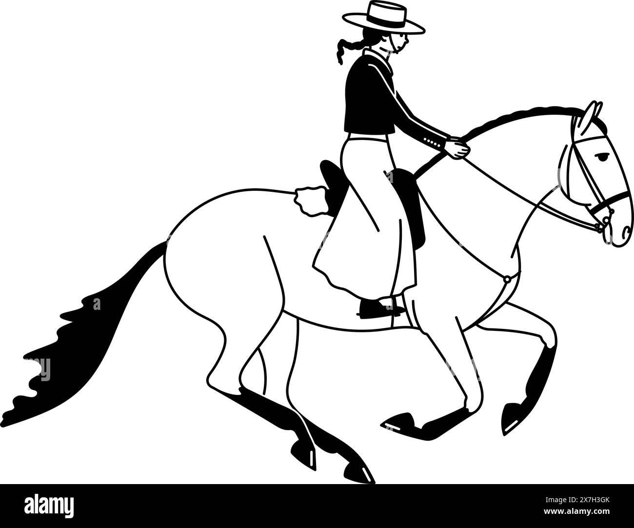 Cavaliere che canta su un cavallo della razza Lusitano, equitazione funzionante, illustrazione vettoriale in bianco e nero Illustrazione Vettoriale